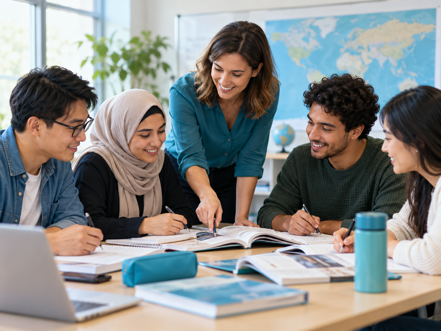 Illustration of collaborative English learning in a classroom