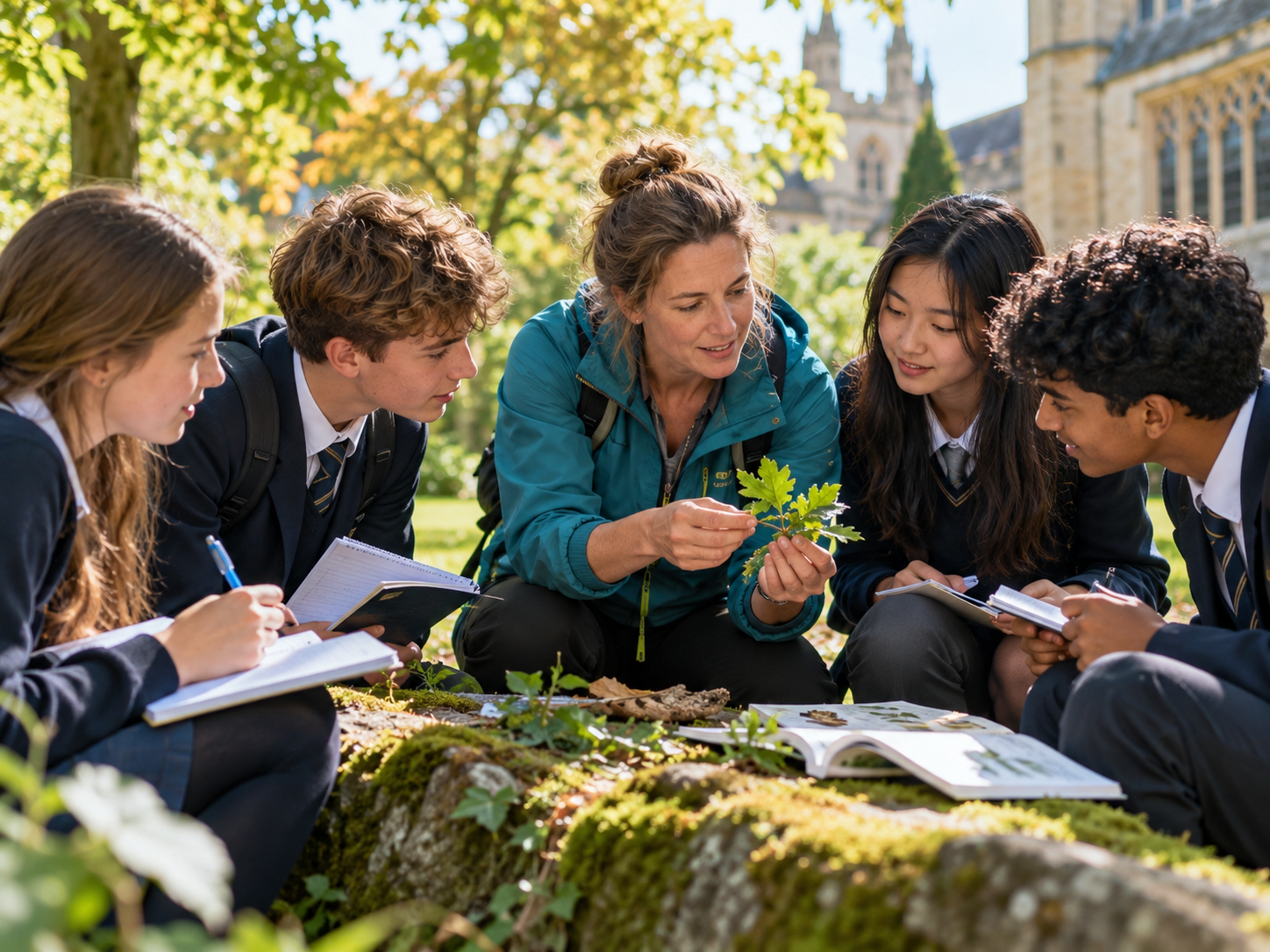 Illustration of students learning together on a school campus