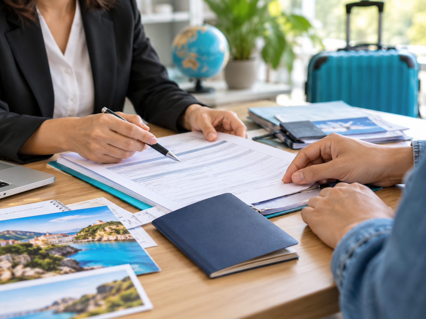 Illustration of travel documents being prepared at a consultation